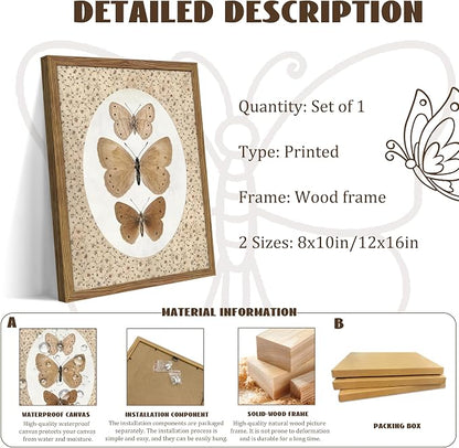 Framed Butterfly Canvas Wall Art, Vintage Butterfly Pictures Posters Wall Decor, Modern Farmhouse Decor, Rustic Retro Butterflies Paintings Prints for Bedroom Bathroom Shelf 12x16 inch