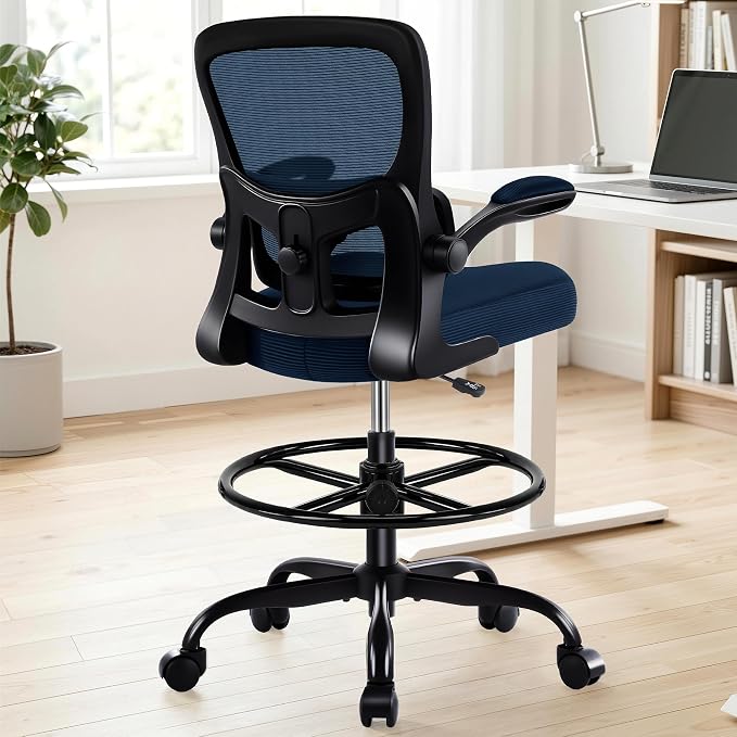 AreShark Drafting Office Chair - Ergonomic Tall Office Chair with Adjustable Footrest Ring - Counter Height Adjustable Rolling Standing Desk Chair with Lumbar Support and Flip-up Armrests for Home