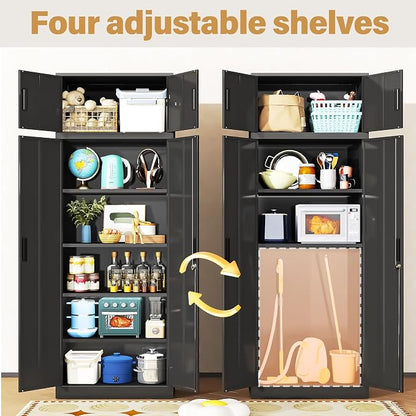 Metal Storage Cabinet, 87 Inch Tall Locking Cabinet with Top Cabinet, Heavy Duty Garage Cabinet with Doors and 4 Adjustable Shelves, Pantry Cabinets for Office, Garage, Home-Black