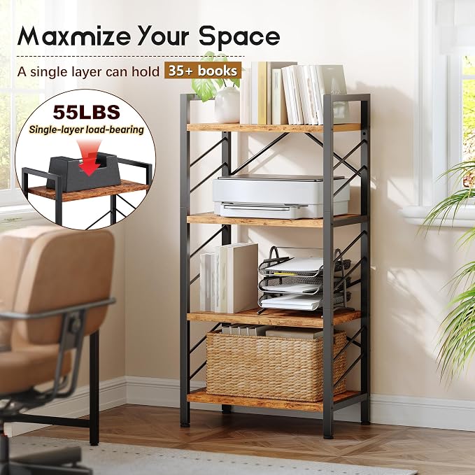 DurayLoly 4 Tier Book Shelf, Industrial Bookcases with Metal Frame and Sidebars, Small Bookshelf for Bedroom, Home Office and Living Room, Rustic Brown