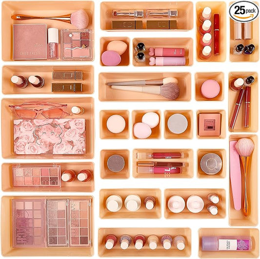 Vtopmart 25 PCS Plastic Drawer Organizers Set, 4-Size Versatile Bathroom and Vanity Drawer Organizer Trays, Storage Bins for Makeup, Bedroom, Kitchen Gadgets Utensils and Office