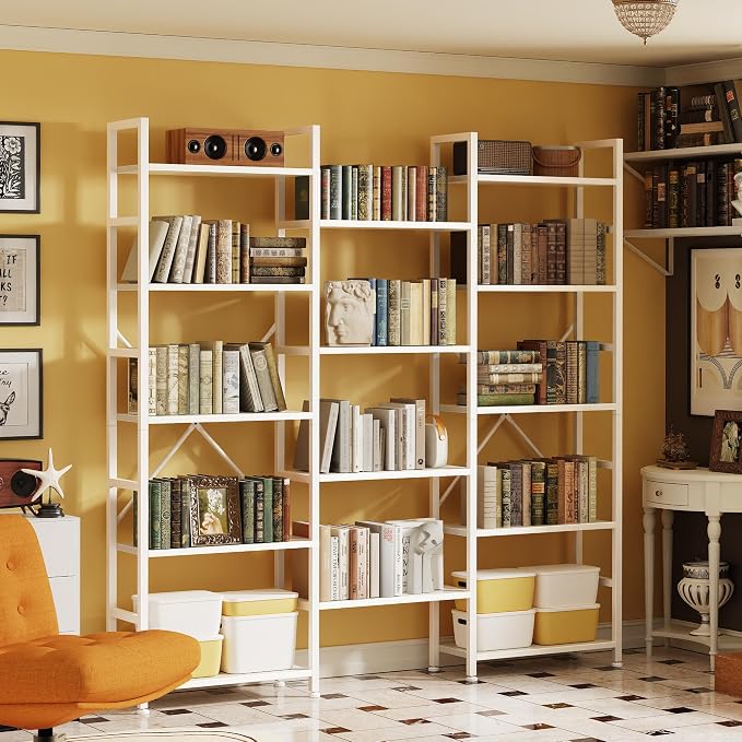 SUPERJARE Triple Bookshelf, Bookcase with 14 Open Display Shelves, Wide Book Shelf Book Case for Home & Office, 5 Tier, White
