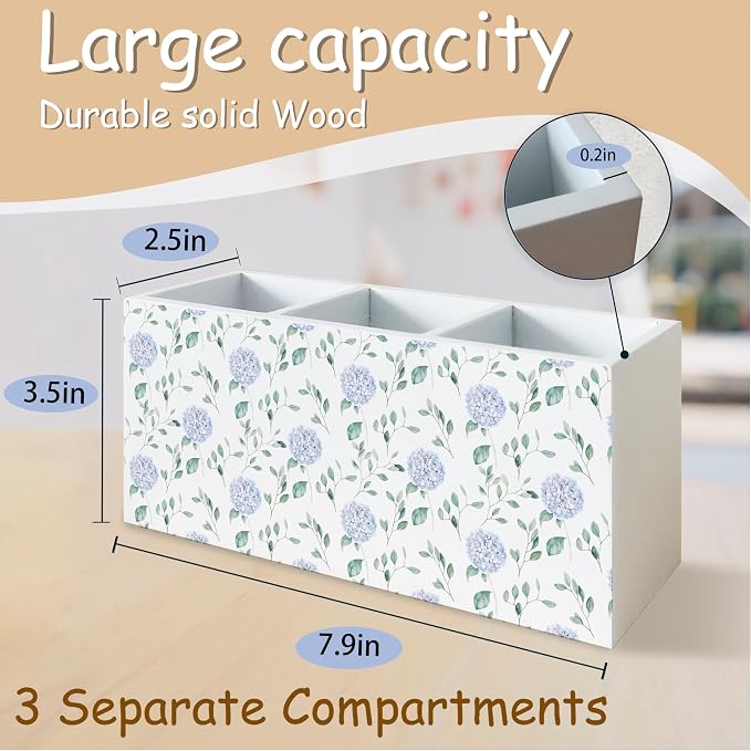 Grandmillennial Blue Hydrangea Pen Pencil Holder Organizer for Desk, Blue and White Chinoiserie Floral Botanical Wooden Box Block Sign for Home Office Tabletop Decor