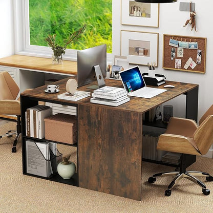 Tangkula Computer Desk, 44" Home Office Desk with 2-Tier Bookshelf, Study Writing Desk, Wooden Laptop Desk for Small Space, PC Workstation for Bedroom & Living Room (Rustic Brown & Black)