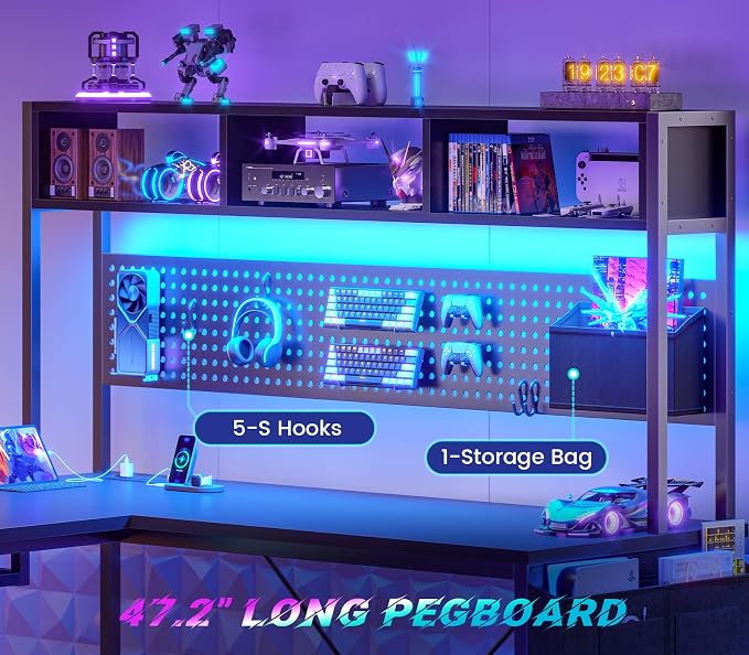 SEDETA L Shaped Gaming Desk, Reversible Computer Desk with Power Outlet and Pegboard, Gaming Desk with Led Lights, Keyboard Tray and Storage Bag for Home Office, Black