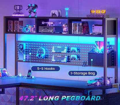 SEDETA L Shaped Gaming Desk, Reversible Computer Desk with Power Outlet and Pegboard, Gaming Desk with Led Lights, Keyboard Tray and Storage Bag for Home Office, Black
