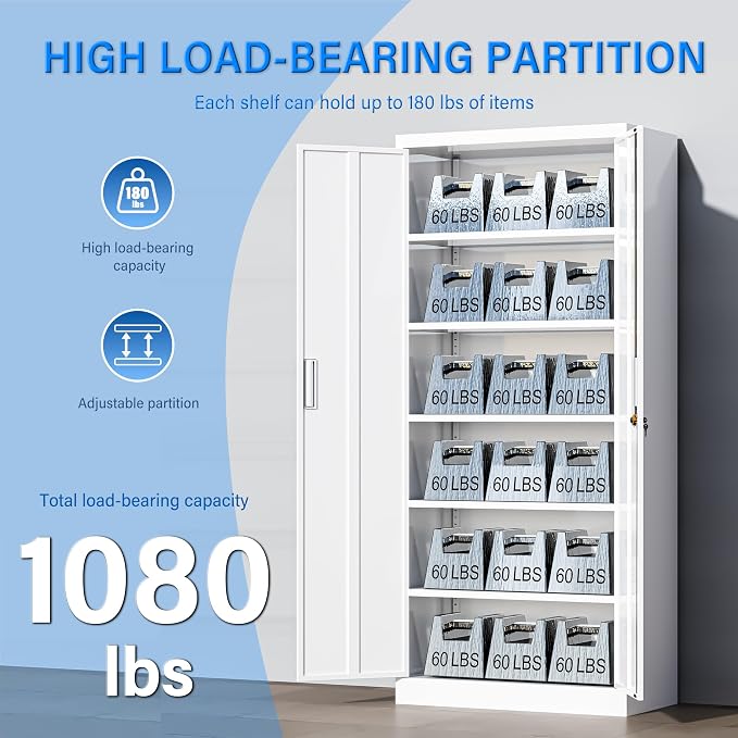 BESFUR Metal Storage Cabinets with Locking Doors and Adjustable Shelves, 71" H Steel Storage Cabinet for Garage, Office, Classroom - White