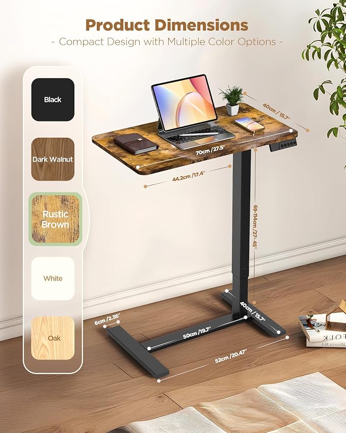 Overbed Bedside Table with Wheels, Electric Standing Desk Adjustable Height, Small Computer Desk for Home Office, Rolling Laptop Desk for Bed, Sofa, or Hospital Use (28"x16",Rustic Brown)