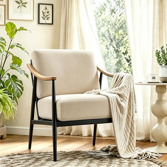 RNKSFX Modern Accent Chair for Living Room Bedroom Mid Century Arm Chair Upholstered Office Accent Chair Comfy Waiting Room Chair with Metal Frame, Beige