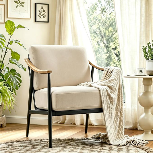 RNKSFX Modern Accent Chair for Living Room Bedroom Mid Century Arm Chair Upholstered Office Accent Chair Comfy Waiting Room Chair with Metal Frame, Beige