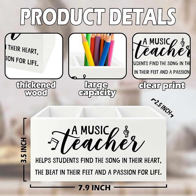 Music Teacher Pen Pencil Holder Organizer for Desk, Music Teacher Gifts, Teachers Appreciation Gifts for Women Men Wooden Box Sign for Office Workplace Classroom Desk Tabletop Decorations