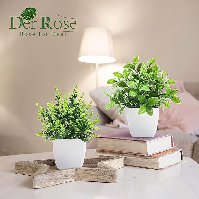 Der Rose 8 Pack Small Fake Plants in White Pots, Bathroom Home Decor Indoor | Realistic artificial plants, no-care potted plant accents, for shelf desk bathroom office bedroom kitchen and farmhouse decor