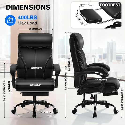 AreShark Ergonomic Office Chair with Footrest - High Back Executive Leather Desk Chair, Breathable Reclining Computer Chair with Lumbar Support, Heavy Duty Swivel Task Chair for Home Office & Gaming