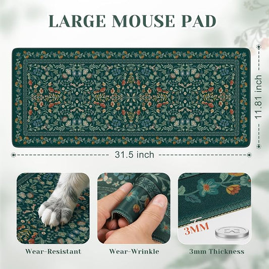 iCasso Aesthetic Floral Desk Mat, L Mouse Pads, Anti-Slip Retro Mousepad with Stitched Edges, Waterproof Computer Pad 11.8"x31.5", Desk Accessories Office Decor for Women(Deep Green)