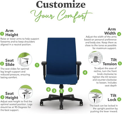 HON Ignition 2.0 Ergonomic Office Chair with Adjustable Arms, Standard Synchro‑Tilt Recline, Upholstered Desk and Computer Chair for Home Office or Workstation, Black Frame, Indigo