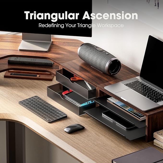 Fenge Dual Monitor Stand, Corner Monitor shelf with Drawer and Slide-Out Tray, 2 Tier Triangle Monitor Riser with Storage, Desk Shelf Organizer for Desk, Home Office, Computer, Laptop, Printer