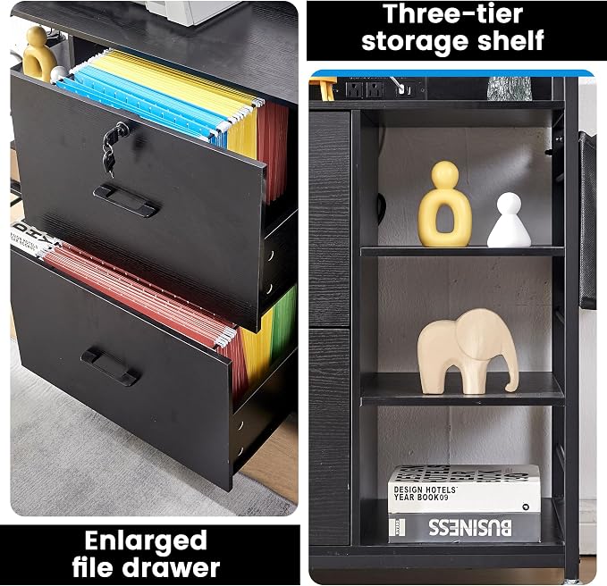 45" File Cabinet for Home Office, Mobile Office Storage Cabinet with Built-In Power Outlet, 2 Drawer Filing Cabinet with Lock, Shelves, Metal Hook, Storage Bag fits A4/Legal/Letter Size (Black)