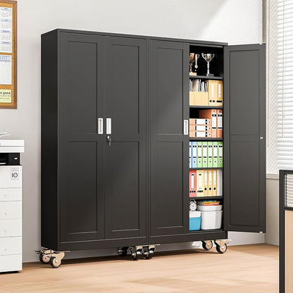 Metal Garage Storage Cabinets and storage system, 75”Tall Rolling utility cabinet with Wheels, Lock, 5 Adjustable Shelves, Heavy Duty Steel Tool Locker for Home Office, Utility Room, Gym,Black