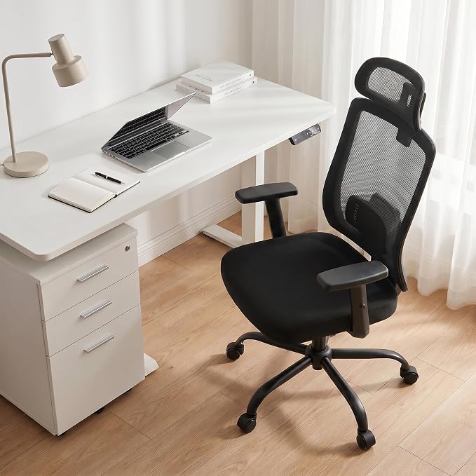 Ergonomic Office Chair with Headrest, Mesh Office Chair for Long Sitting, Comfortable Desk Chair with Flip-Up Arms, Adjustable Swivel Computer Chair for Home Office, Study, Gaming, Black