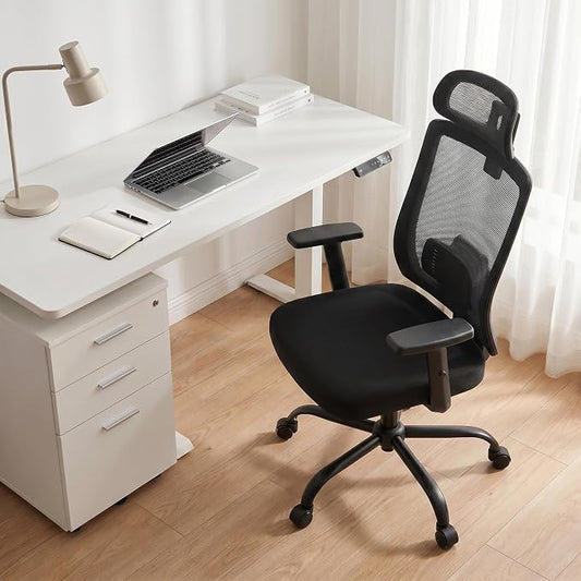 Ergonomic Office Chair with Headrest, Mesh Office Chair for Long Sitting, Comfortable Desk Chair with Flip-Up Arms, Adjustable Swivel Computer Chair for Home Office, Study, Gaming, Black