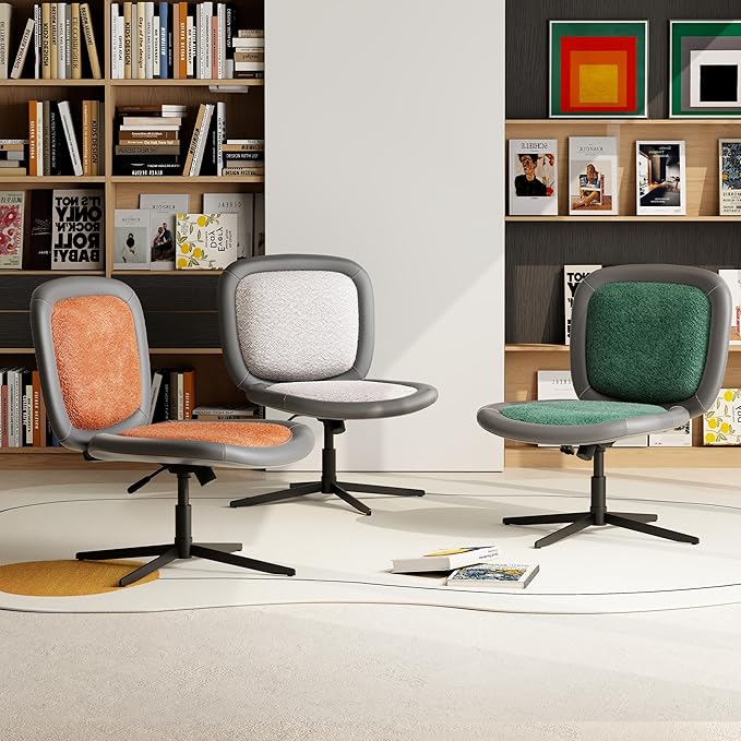 Nordic Armless Ergonomic Office Chair with Wheels, Diamond Tufted PU Leather Computer Chair, Adjustable Height Desk Chair with Solid Wood Back for Small Home Office (No Wheels-Orange)