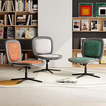 Nordic Armless Ergonomic Office Chair with Wheels, Diamond Tufted PU Leather Computer Chair, Adjustable Height Desk Chair with Solid Wood Back for Small Home Office (No Wheels-Green)