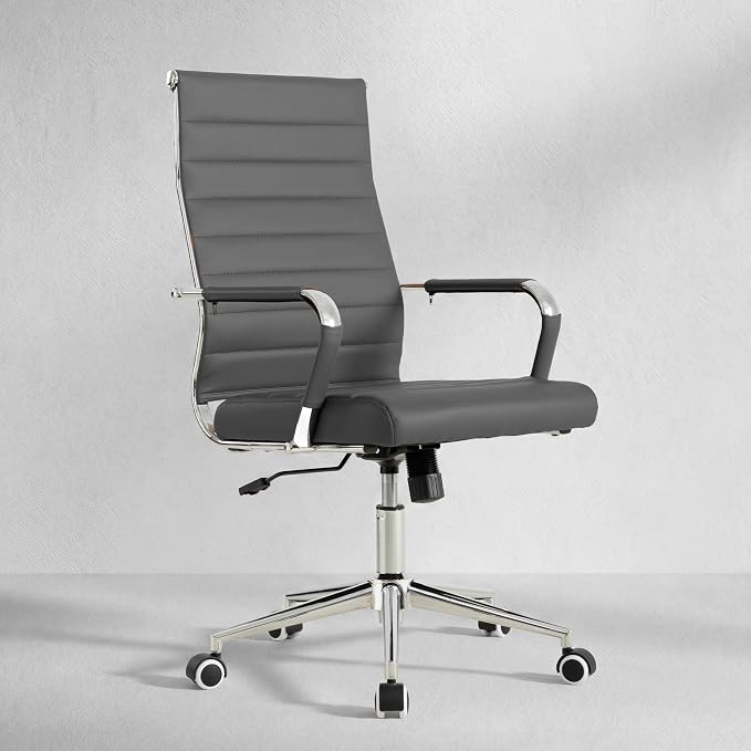 Okeysen Grey Office Desk Chair, Ergonomic Leather Modern Conference Room Chairs, Executive Ribbed Height Adjustable Swivel Rolling Chair for Home Office.
