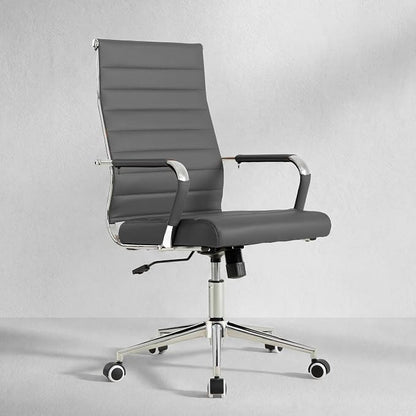 Okeysen Grey Office Desk Chair, Ergonomic Leather Modern Conference Room Chairs, Executive Ribbed Height Adjustable Swivel Rolling Chair for Home Office.