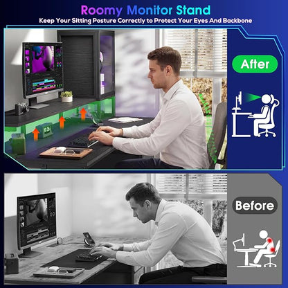 DurayLoly 55" Black Computer Desk with 2 Acrylic Cabinet & 3 Fabric Drawers | Integrates Ample Storage & Display, Great Fit for Small Spaces, Outlets Suitable for Studying, Working & Gaming Equipments