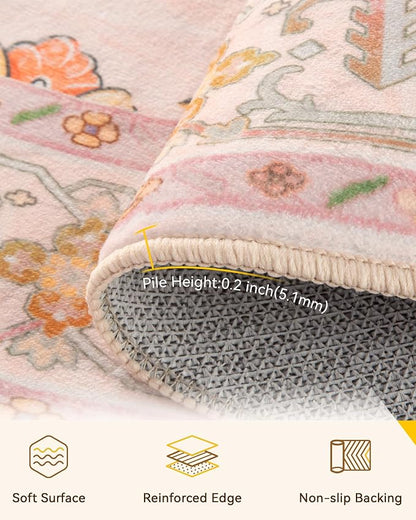 RELEANY Area Rugs Round 4ft Washable Non-Slip, Floral Vintage Distress Medallion Carpet for Living Room Bedroom Dining Room, Light Pink Colorful