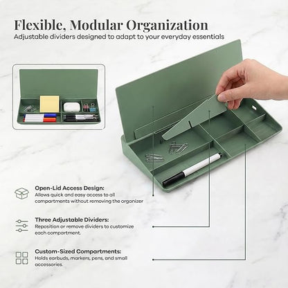 Birch Desktop Glass Whiteboard with Magnetic Weekly Calendar – Dry Erase Board, Keyboard Stand, Hidden Storage, Adjustable Dividers, 3 Markers & Eraser – Office, Home, School – Moss