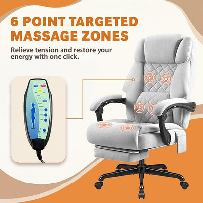 Shahoo Massage Office Chair with Heat & 6 Vibration Points, 400LBS Big and Tall Office Chair with Foot Rest, High Back Ergonomic Reclining Executive Desk Chair for Home Office Desk, PU Leather, Grey