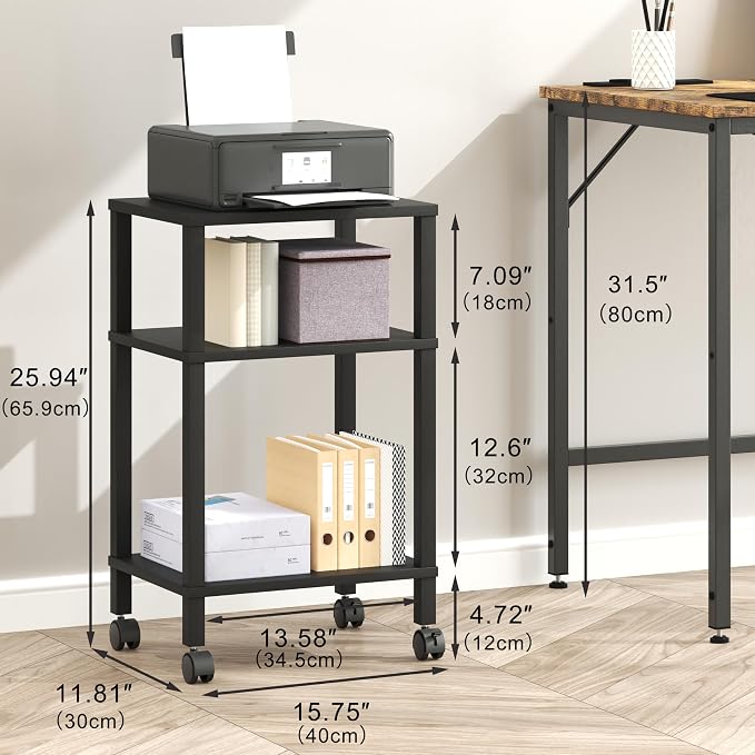 3-Tier Printer Stand with Storage, Mobile Printer Cart with Rolling Casters and Adjustable Feet, Under Desk Storage Shelf for Home Office, Small Printers,Black, 15.7" x 11.8" x 25.9"