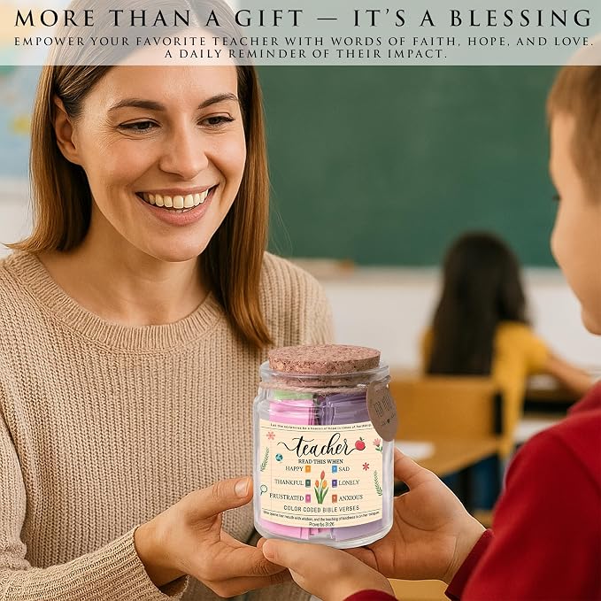 Bible Verse Jar for Teacher – 92 Color-Coded Bible Verse, Teacher Appreciation Gifts, Christian Gifts For Teachers