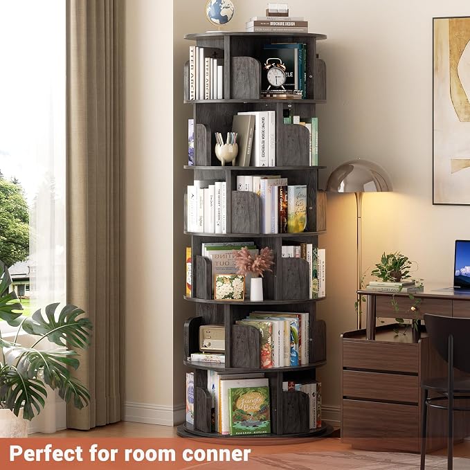 Besiost Rotating Bookshelf Tower, 6 Tier Spinning Bookcase, Revolving 360 Book Shelf Narrow Tall Bookcase, Vertical Turning Round Bookshelf Organizer, Wood Corner Bookshelf for Small Space, Black Oak