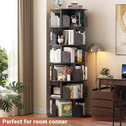 Besiost Rotating Bookshelf Tower, 6 Tier Spinning Bookcase, Revolving 360 Book Shelf Narrow Tall Bookcase, Vertical Turning Round Bookshelf Organizer, Wood Corner Bookshelf for Small Space, Black Oak