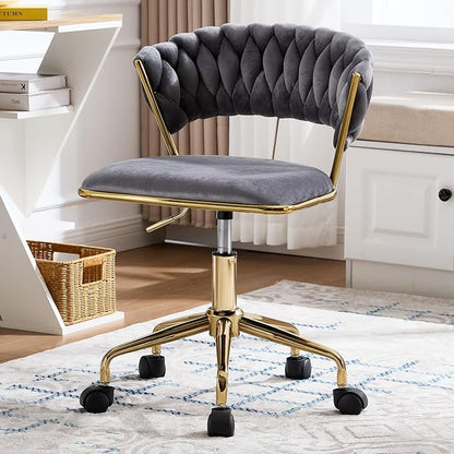 NIOIIKIT Home Office Chair, Velvet Upholstered Task Chair with Woven Open Back, 360° Swivel Desk Chair with Wheels, Adjustable Vanity Chair, Computer Chair for Office, Studio (Grey)