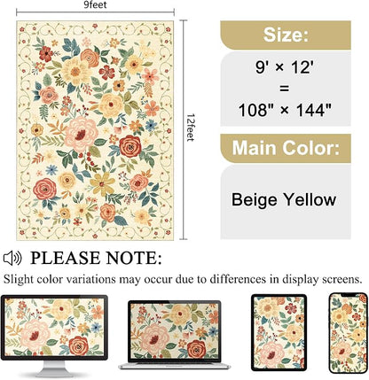 DUKINO 9x12 Area Rug, Floral Rugs for Living Room, Lightweight Non Slip Washable Rug, Indoor Low Pile & Non-Shedding Boho Design Rugs for Bedroom, Living Room, Dining Room, Beige Yellow