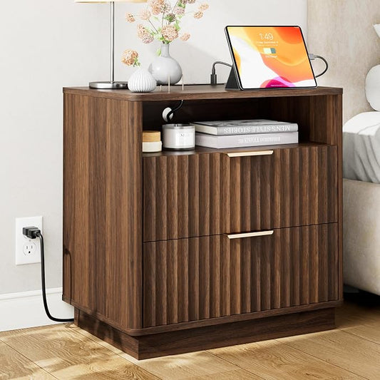 Fluted Nightstand, 23" Wide Night Stand, Walnut Nightstand with Charging Station, 2 Drawer Wooden End Table w/Storage, Large Modern Bedside Table for Bedroom Sofa Home Office,Curved Corners