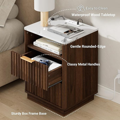 Fluted Nightstand, Night Stand Set 2, Walnut Nightstands Set of 2 with Charging Station and Faux Marble Top, 2 Drawers End Table w/Storage, Modern Bedside Table for Bedroom, Curved Corners