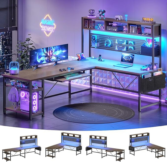 SEDETA L Shaped Desk, 94.5 Inch Office Desk with Power Outlet & Pegboard, L Shaped Desk with Led Light, Keyboard Tray, Storage Shelves and Headphone Hook for Home Office, Walnut Brown