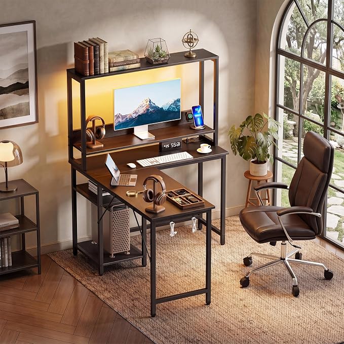OLIXIS 43 in L Shaped Desk Computer Gaming Desk with Power Outlets & LED Lights, Reversible Corner Home Office Table with Adjustable Shelf & CPU Stand, Black