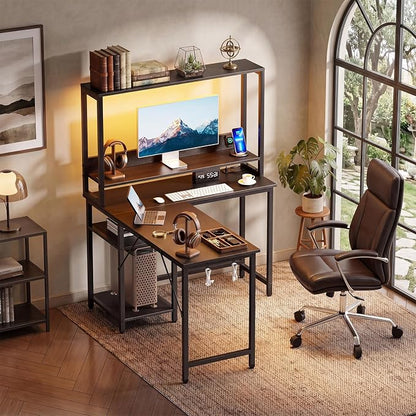 OLIXIS 43 in L Shaped Desk Computer Gaming Desk with Power Outlets & LED Lights, Reversible Corner Home Office Table with Adjustable Shelf & CPU Stand, Black