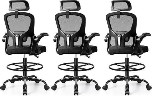 Drafting Chair, Tall Office Chair for Standing Desk, Ergonomic High Back with Headrest, Lumbar Support, Foot Ring and Flip-up Armrests, Black, Pack of 3