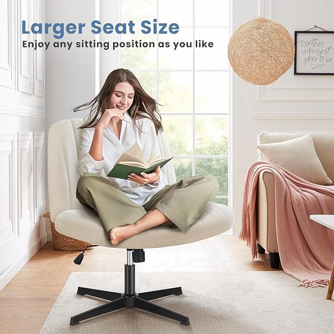 DUMOS Criss Cross Chair No Wheels Legged Office Wide Comfy Desk Vanity Chair, Armless Computer Task Seating, Swivel Home Height Adjustable for Bedroom, Study, Beige Fabric