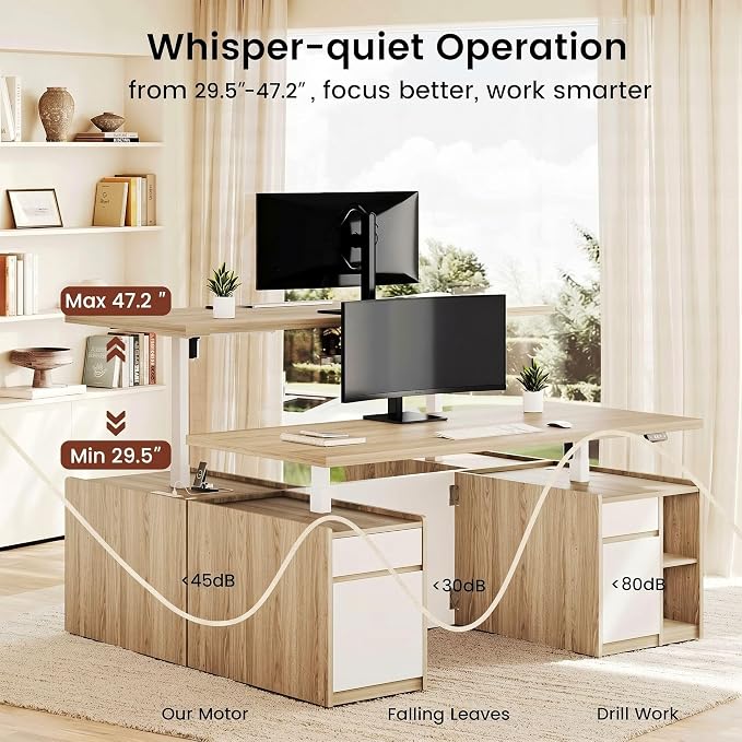 ModernMate Furniture Set, 70.8'' Executive Standing Desk with 71'' Tall Bookcase, AC/USB, File Cabinet, Double-Sided Narrow Display Shelves, Home Office Wood Storage Furniture, Light Walnut