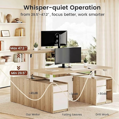 ModernMate Furniture Set, 70.8'' Executive Standing Desk with 71'' Tall Bookcase, AC/USB, File Cabinet, Double-Sided Narrow Display Shelves, Home Office Wood Storage Furniture, Light Walnut