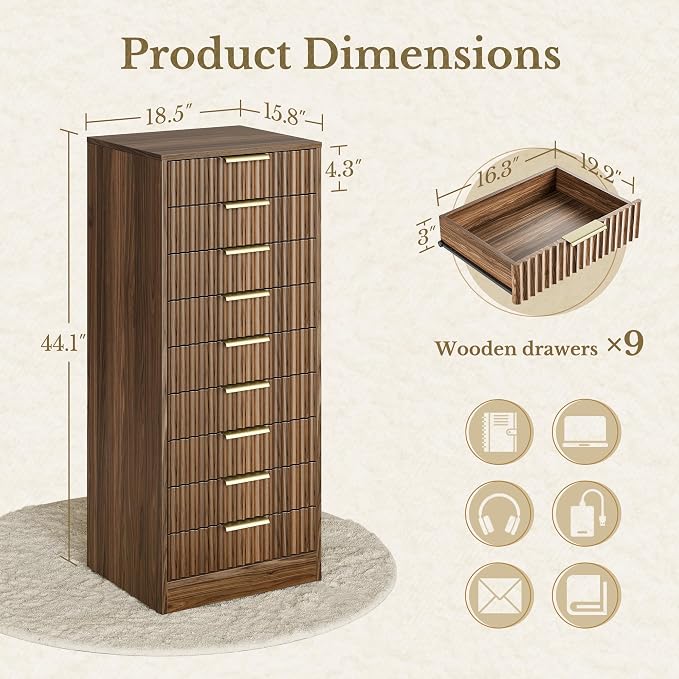 9 Drawer File Cabinet, Wooden Office Cabinet with Drawers, Fluted Storage Filing Drawer for Home Office, Black Walnut