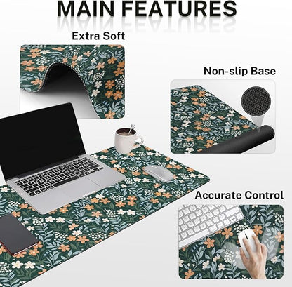 Britimes Green Florals Keyboard Mouse Pad Set Vintage Flower 4in1 Large Mousepad+Keyboard Wrist Rest+Mouse Wrist Rest+Coaster Ergonomic Design for Home Office Computer 35.4x15.7 inches