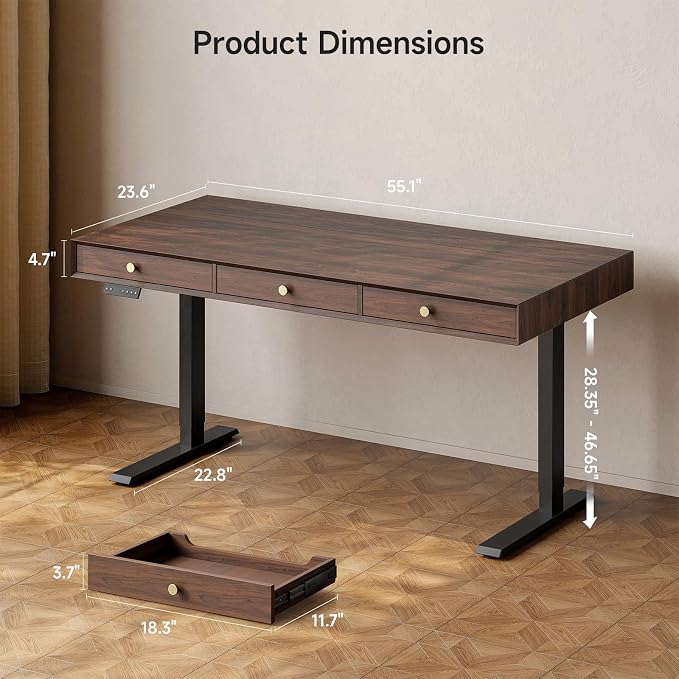 Electric Standing Desk with 3 Drawers, 55 x 24 Inch Height Adjustable Stand up Desk with Storage and Widened Legs, Retro Home Office Desks with Memory Controller for Computer Workstation, Walnut